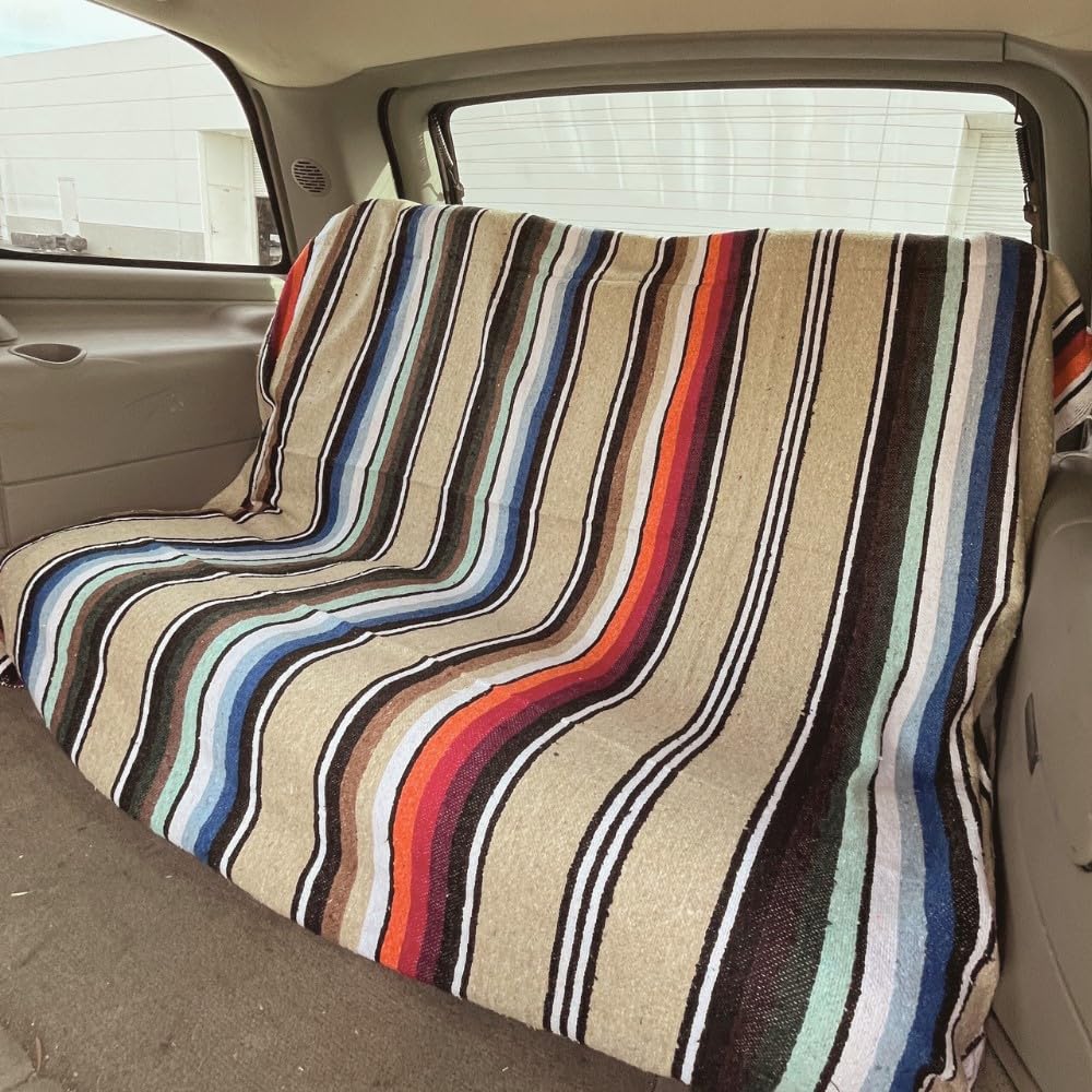 Open Road Goods Authentic Mexican Serape Blanket – 100% Cotton Falsa Blanket - Multi-Color Handmade Mexican Beach Throw (Tan/Beige)