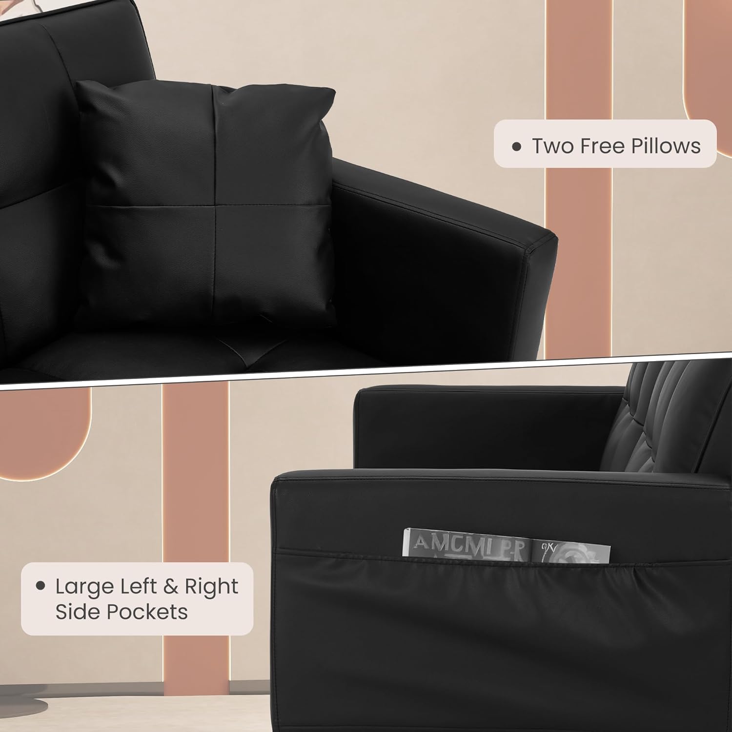 ECOTOUGE Faux Leather Futon Couch, Convertible Sofa Bed with Adjustable Back, Modern Sleeper Sofa for Living Room, Black