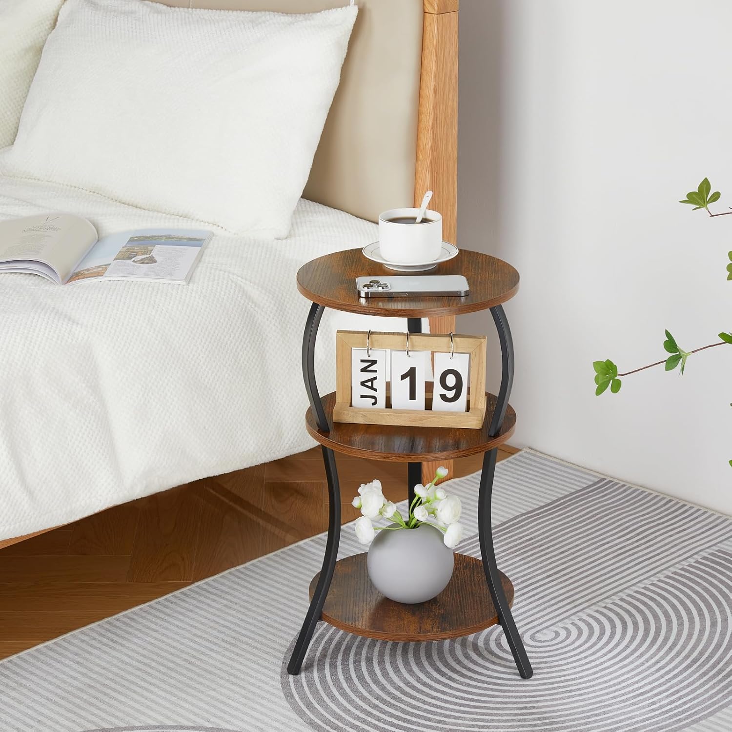 Vintage Small Round Side Table, 3-Tier Slim Waist Circular End Table with Storage Shelf, Compact Tea Sofa Table, Round Corner Coffee Table Nightstand for Living Room Bedroom Small Spaces,Rustic Brown