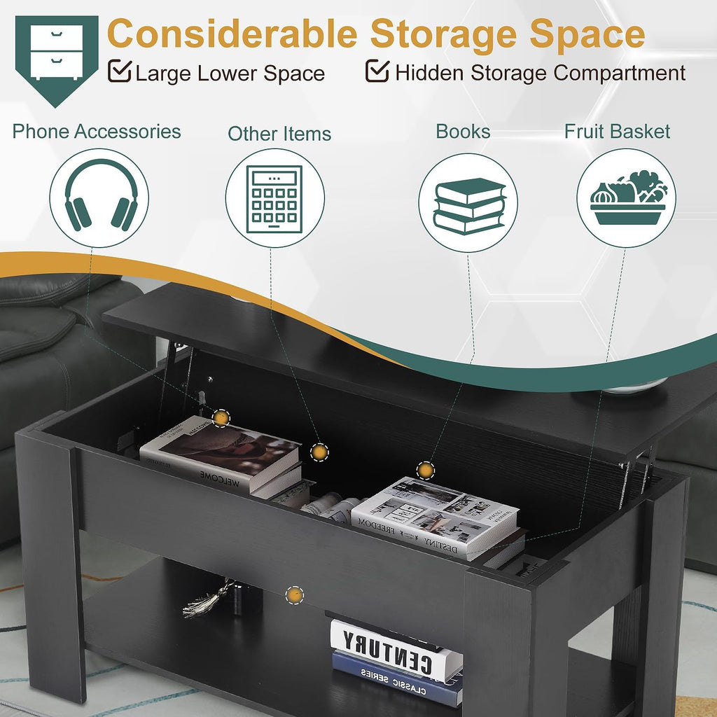 PayLessHere Coffee Table Lift Top Coffee Tables with Hidden Compartment and Storage Shelf Wooden Lift Tabletop Dining Table for Living Room Home (Black, 39" D x 28" W x 24" H)