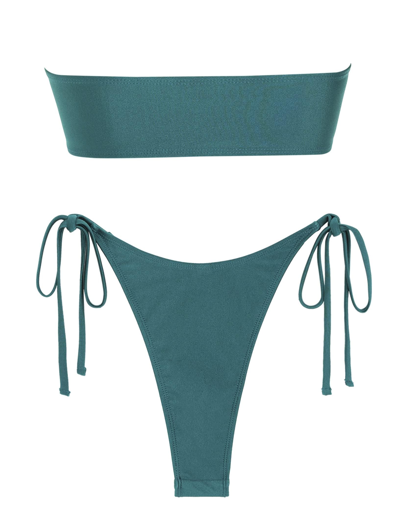 ZAFUL Glitter Strapless Bikini 2 Piece Bandeau Swimsuits Thong Swimwear for Women Green M