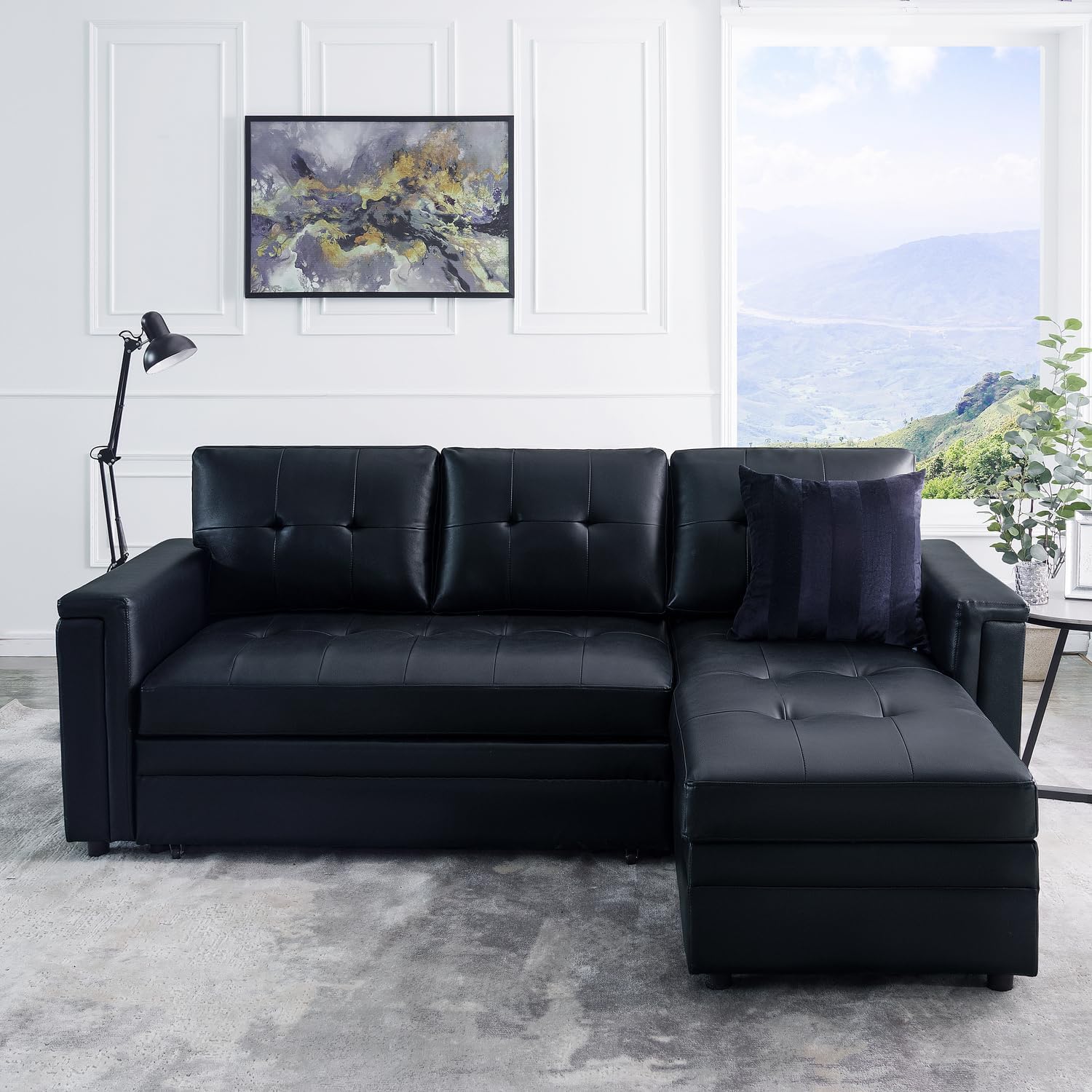 Naomi Home L-Shaped Sectional Sleeper Sofa with USB Ports - Convertible Pull-Out Bed, Ample Storage, Timeless Design, Durable Construction, Black/Air Leather