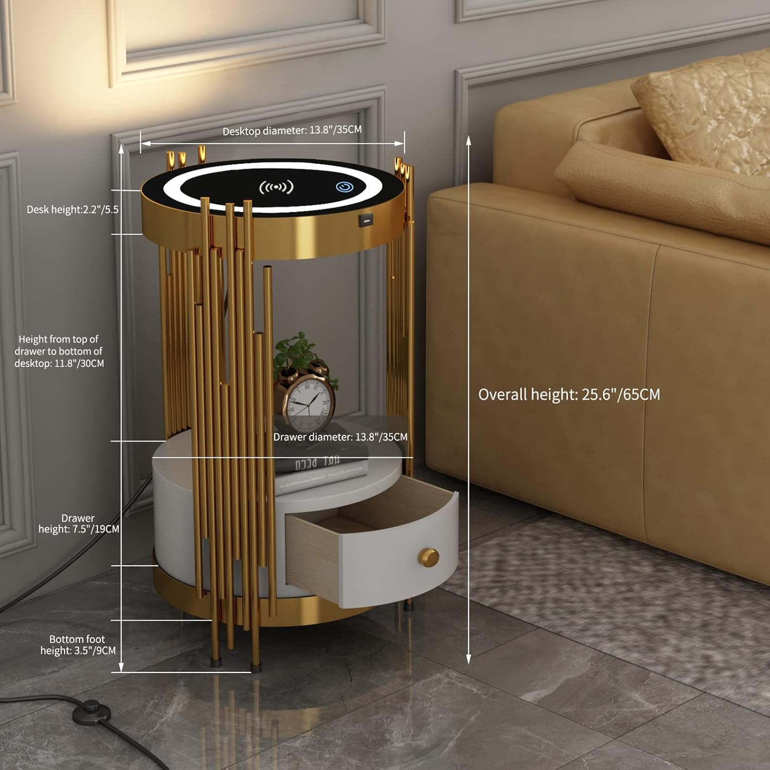 Gold Led Smart Round Nightstand with Drawer,Sofa Narrow End Table with Wireless Charging Station,Small Spaces Coffee Table/Bedside Table/Unique Accent Side Table