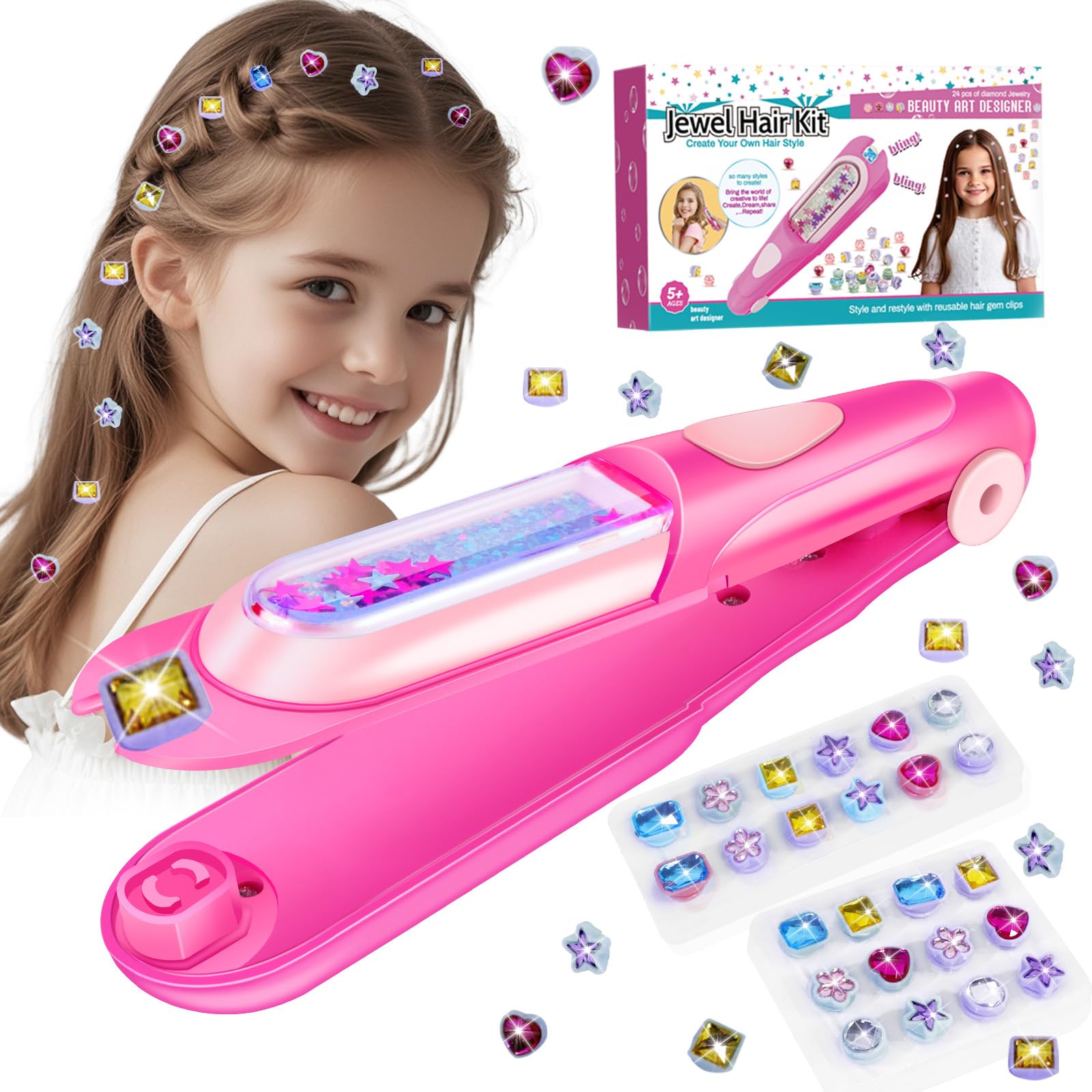 Hair Gem Stamper Kit, Bling Hair Jewels for Girls Toys, Hair Styling Tool with Reusable Shining Diamonds, Birthday Gifts Toys for Girls Ages 3 4 5 6 8-12