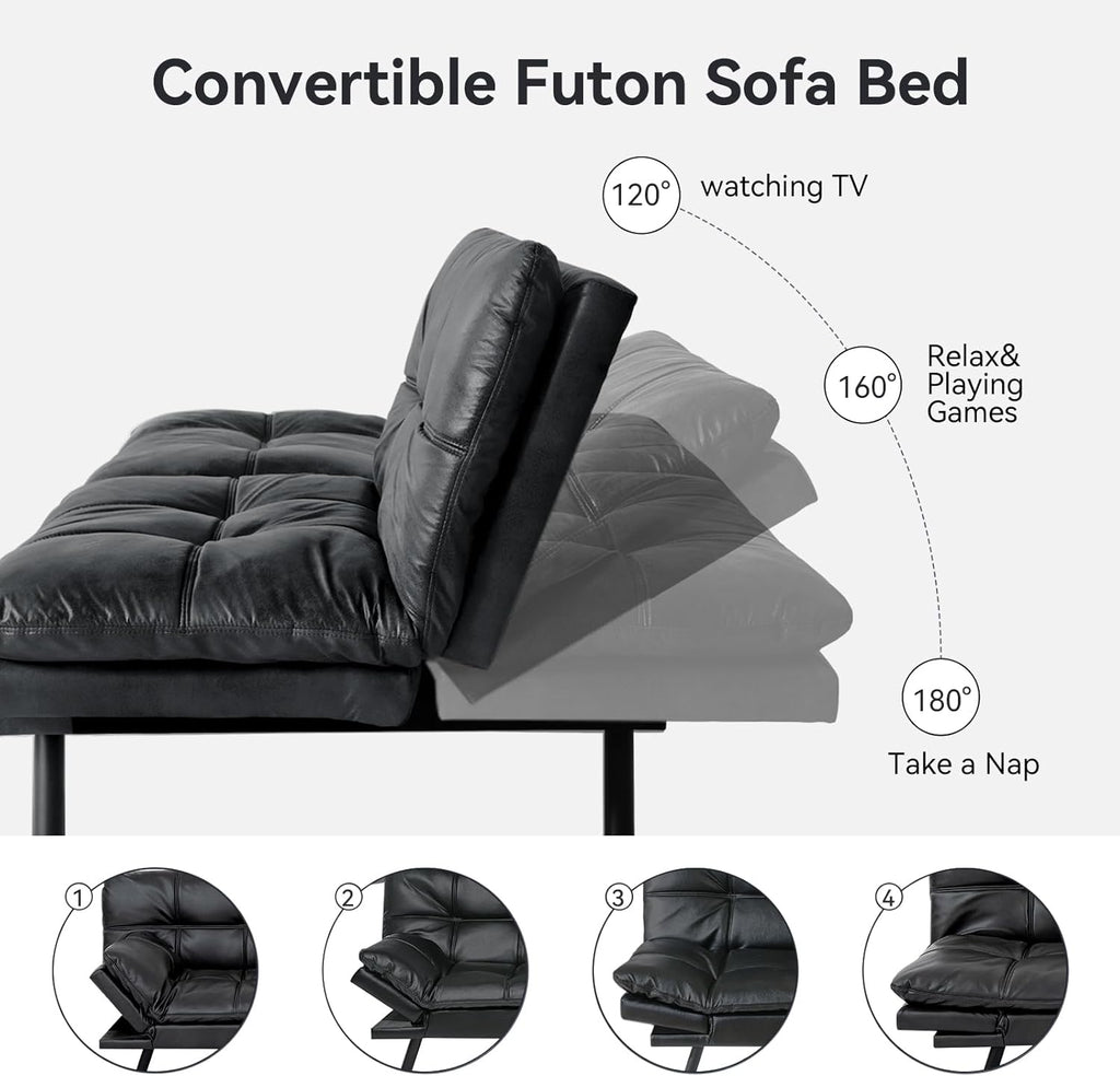 Convertible Faux Leather Futon Sofa Couch,Memory Foam Futon Couch Bed,Loveseat Sleeper Sofa Bed,Small Splitback Modern Folding Sofa Bed for Living Room,Office,Apartment,Matte Black