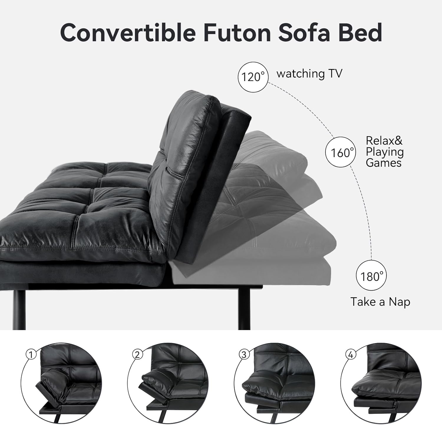 Convertible Faux Leather Futon Sofa Couch,Memory Foam Futon Couch Bed,Loveseat Sleeper Sofa Bed,Small Splitback Modern Folding Sofa Bed for Living Room,Office,Apartment,Matte Black