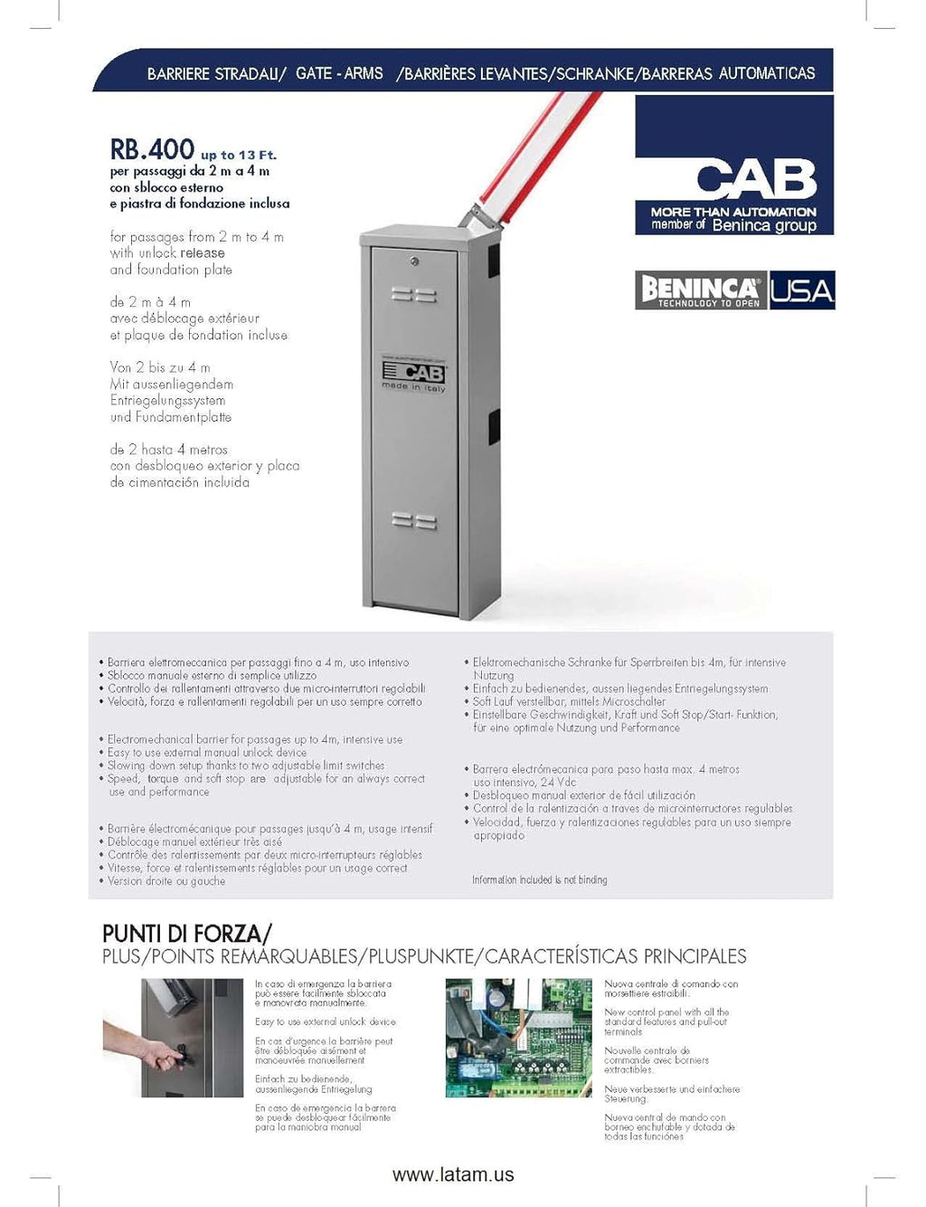 BENINCA Barrier GATE Operator with 165” ARM (RB400US KIT) Made in Italy