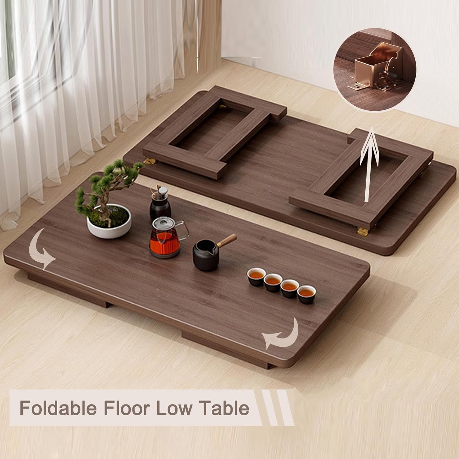 Japanese Folding Coffee Table, Bamboo Foldable Floor Low Tables for Sitting On The Floor, No Assembly Portable Tea Table for Dinning Zen Living Room (31.5"x19"x13.7")