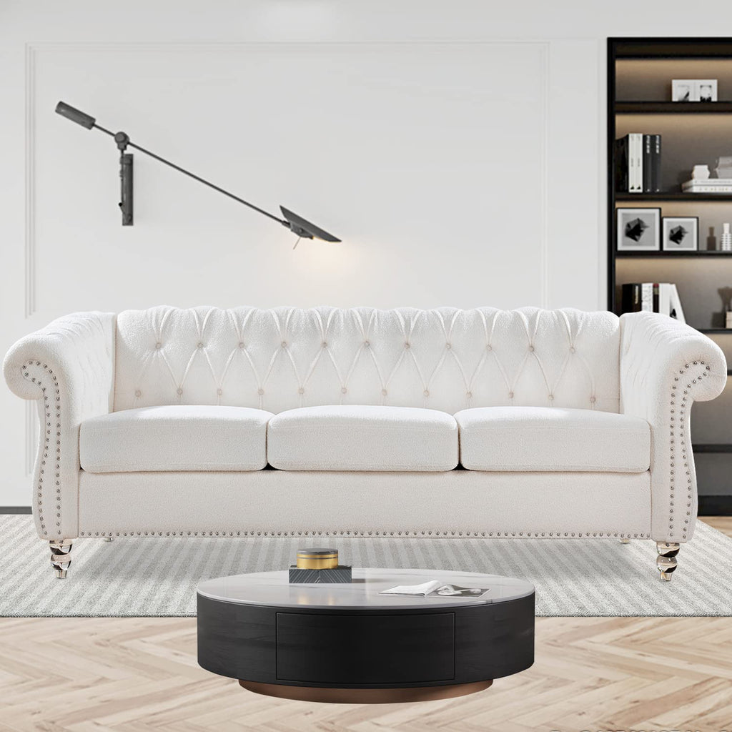 Chesterfield Sofas for Living Room, Black Rolled Arm 3-Seater Leather 84" Large Couch Deep Button Nailhead Tufted Upholstered Couches for Bedroom, Office Apartment Easy to Assemble