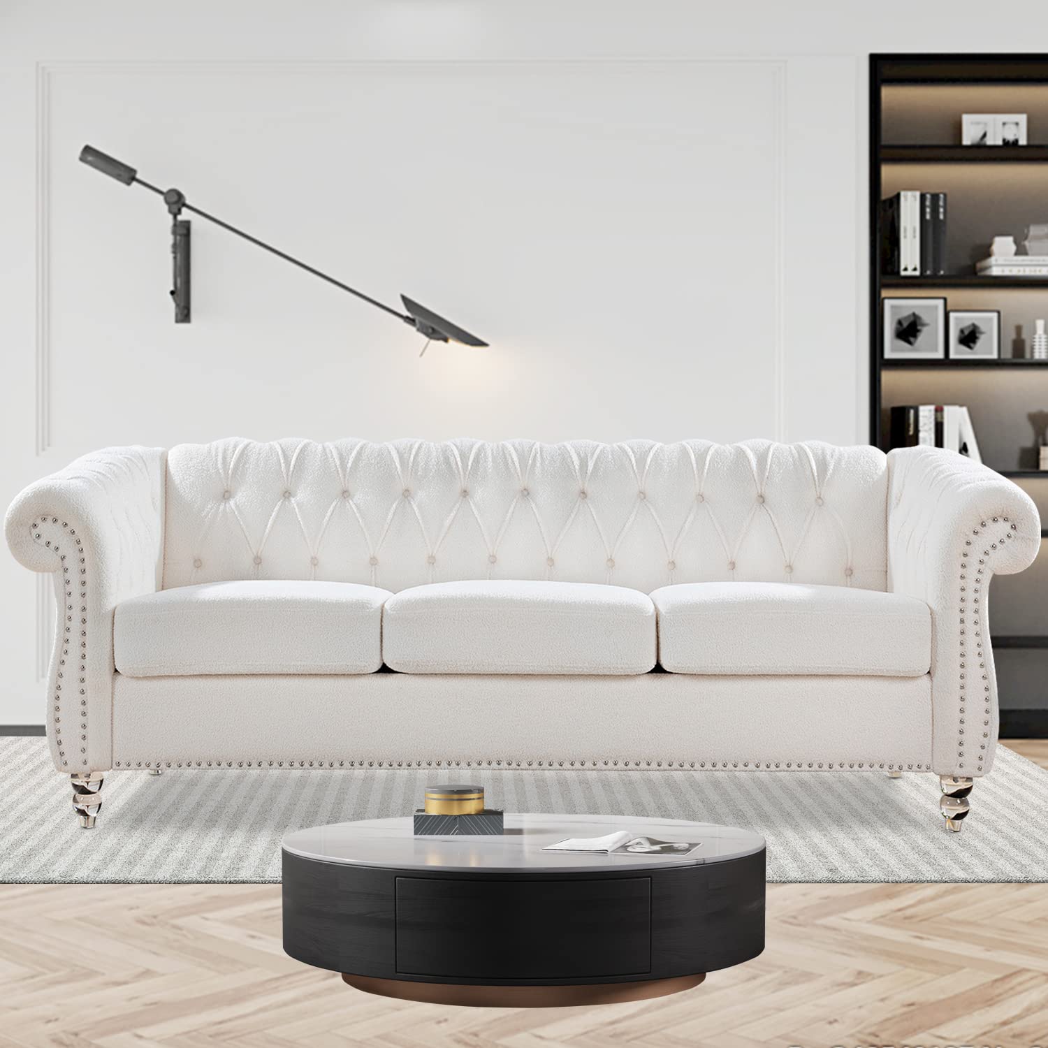 Chesterfield Sofas for Living Room, Black Rolled Arm 3-Seater Leather 84" Large Couch Deep Button Nailhead Tufted Upholstered Couches for Bedroom, Office Apartment Easy to Assemble