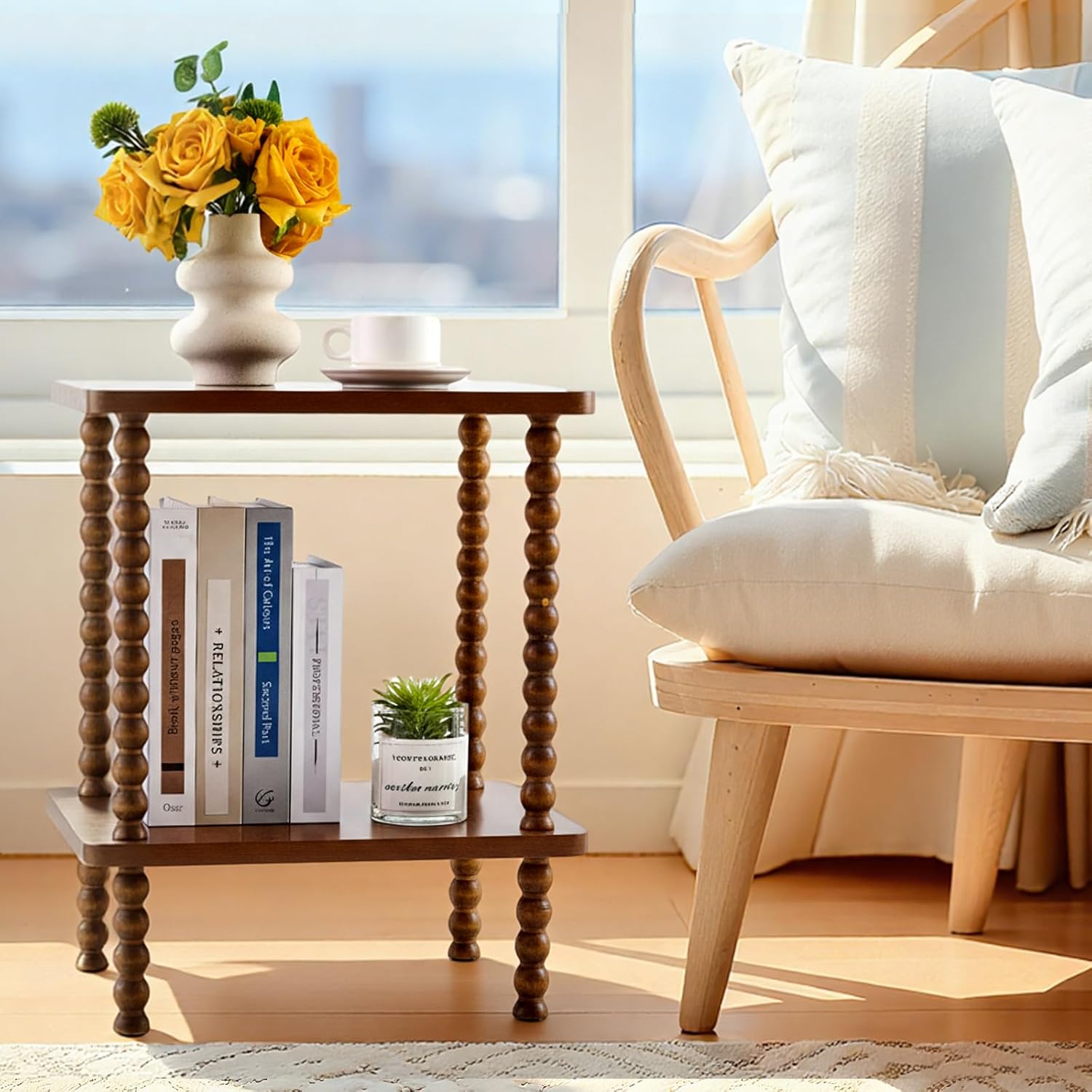 2 Tier Spindle Side Table Small Rustic Vintage Brown Bedside Nightstand Coffee End Table with Storage Shelf Nightstand for Small Spaces, Bedroom, Indoor Outdoor, Living Room, Farmhouse, Easy Assembly