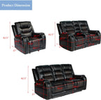 PU Leather Sofa Set, 3 Pieces Living Room Set with Cup Holders, Manual Recliner Sofa &Loveseat & Chair, Black