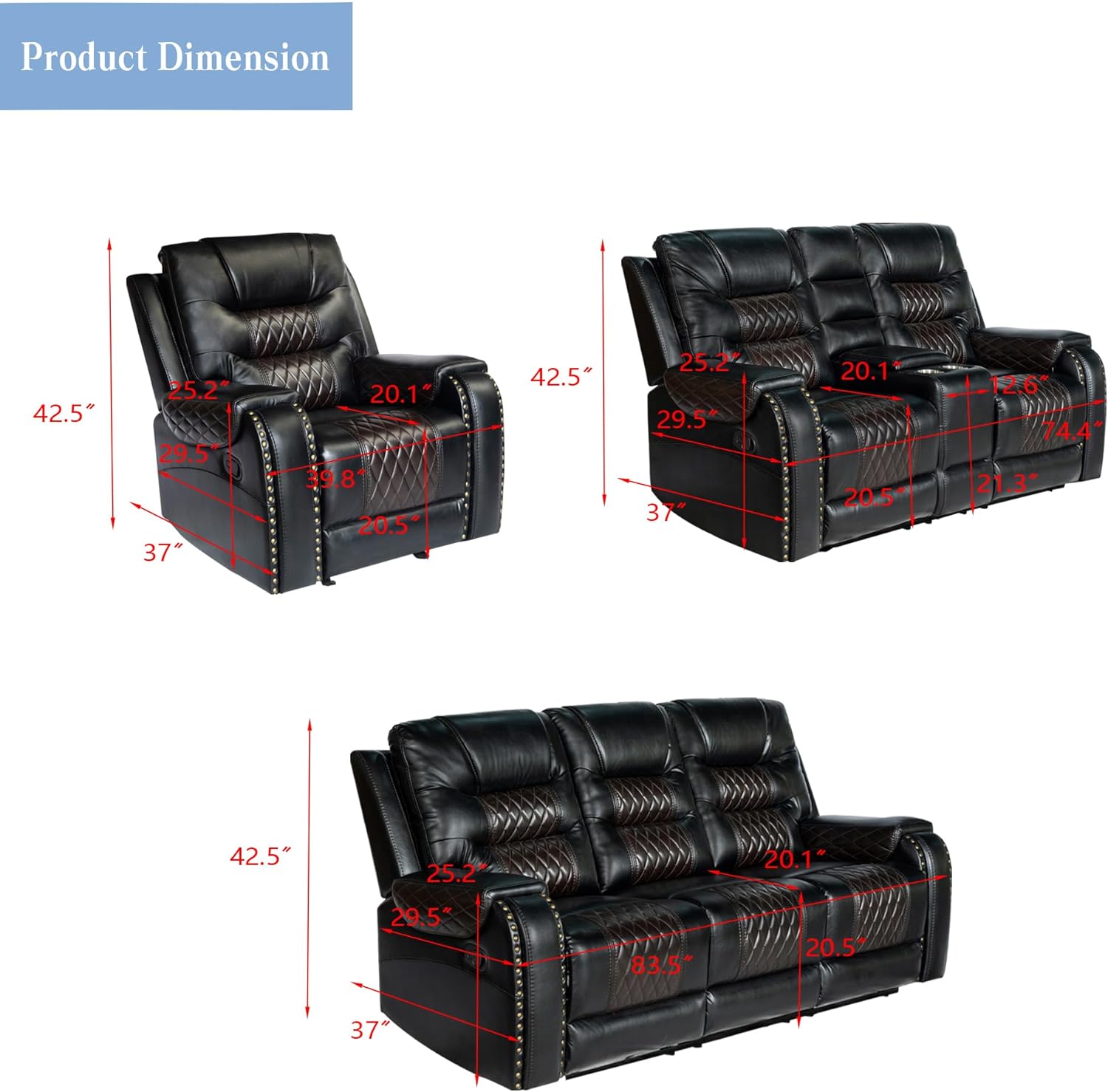 PU Leather Sofa Set, 3 Pieces Living Room Set with Cup Holders, Manual Recliner Sofa &Loveseat & Chair, Black