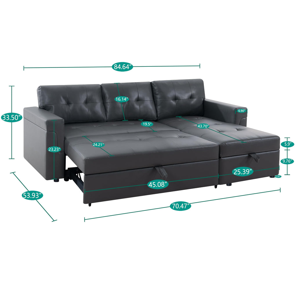 Naomi Home Jenny Sectional Sofa Sleeper with Storage Chaise, Tufted Pull Out Couch with Storage, Sectional Bed, L-Shaped Reversible Sleeper Sofa, Black,Air Leather