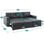 Naomi Home Jenny Sectional Sofa Sleeper with Storage Chaise, Tufted Pull Out Couch with Storage, Sectional Bed, L-Shaped Reversible Sleeper Sofa, Black,Air Leather