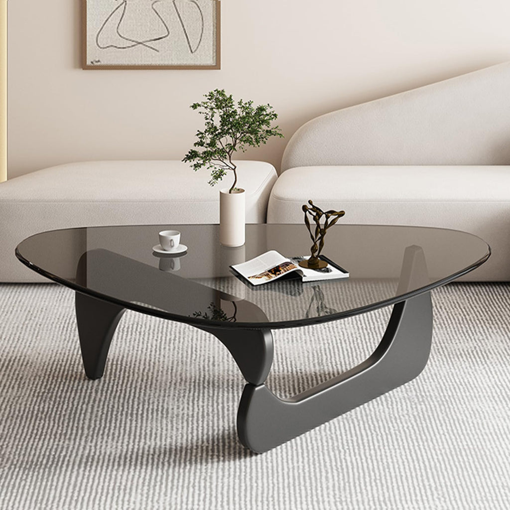 Coffee Tables for Living Room - Triangle Glass Coffee Table with Wooden Base Mid-Century Modern Abstract End Table for Study Room Office Hotel Balcony (Walnut Transparent, Small 32.2 * 22.4 * 16in)