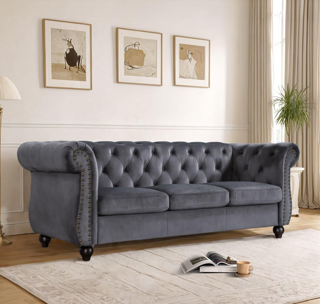 Container Furniture Velvet Chesterfield Couch, Button-Tufted Backrest, Rolled Arms, High-Density Foam with Spring Support, Elegant Accent Piece, Sofa, Dark Blue