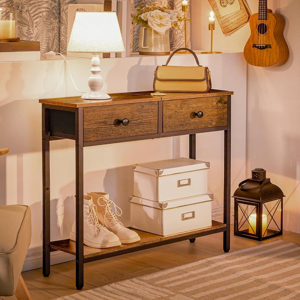 HOOBRO 29.5" Narrow Console Table with 2 Fabric Drawers, Small Entryway Table with 2-Tier Storage Shelves, Sofa Table, Behind Couch Table, for Living Room, Hallway, Rustic Brown and Black BF71XG01