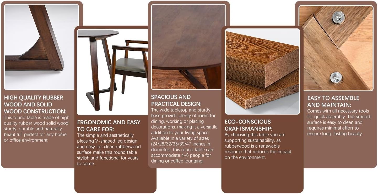 Solid Wood Round Dining Table 35" - Mid Century Modern Style Space Saving Design as Living Room/Dining Room/Kitchen/Meeting/Coffee Table,Easy to Assemble