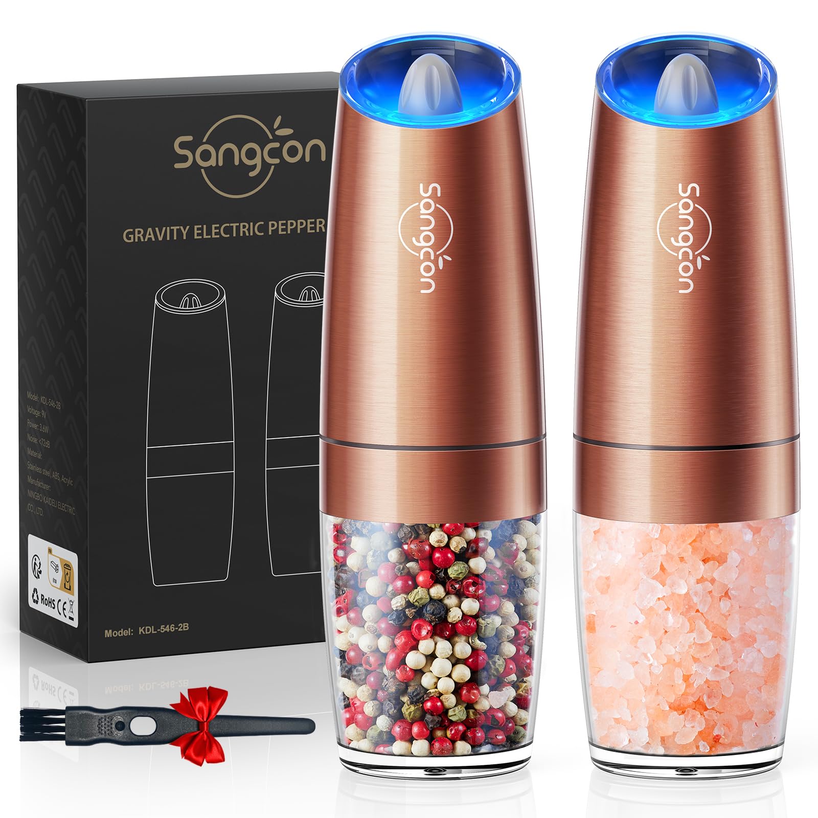 Sangcon Gravity Electric Pepper and Salt Grinder Mill Automatic Shaker Grinder with LED Light, Battery Powered Adjustable Coarseness One Hand Operation, Upgraded Larger Capacity, 1pc