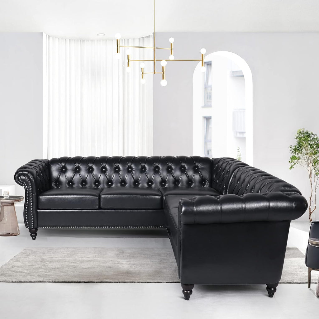 QHITTY L-Shaped Sofa, Sectional Chesterfield Leather Couch 5-Seater Upholstered Small Accent Tufted Sofa with Rolled Armrest and Nailhead Design for Living Room, Apartment, Office (Black)