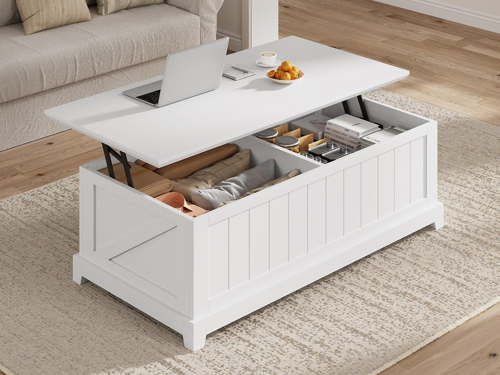 48” Lift Top Coffee Table for Living Room, Coffee Tables with Large Storage & Fence Design, Coffee Table Lifting top for Living Room Rustic Center Table for Home and Office, White