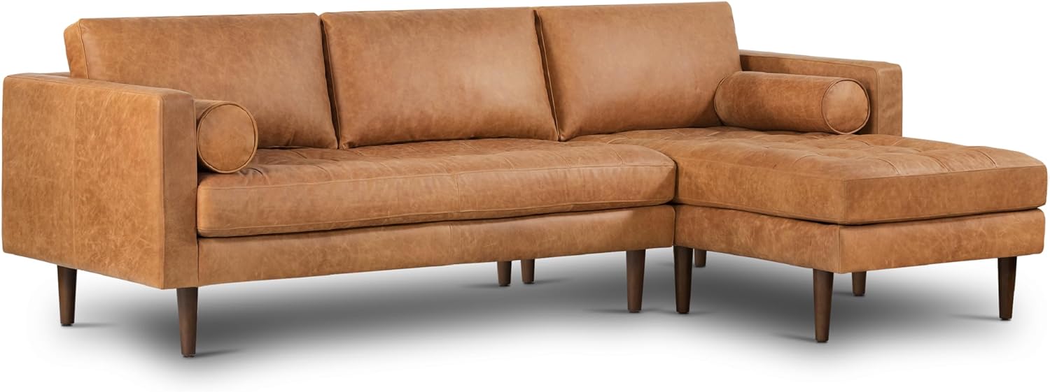 POLY & BARK Napa Leather Couch – Right-Facing Sectional Leather Sofa - Tufted Back Full Grain Leather Couch with Feather-Down Topper On Seating Surfaces – Pure-Aniline Italian Leather – Cognac Tan