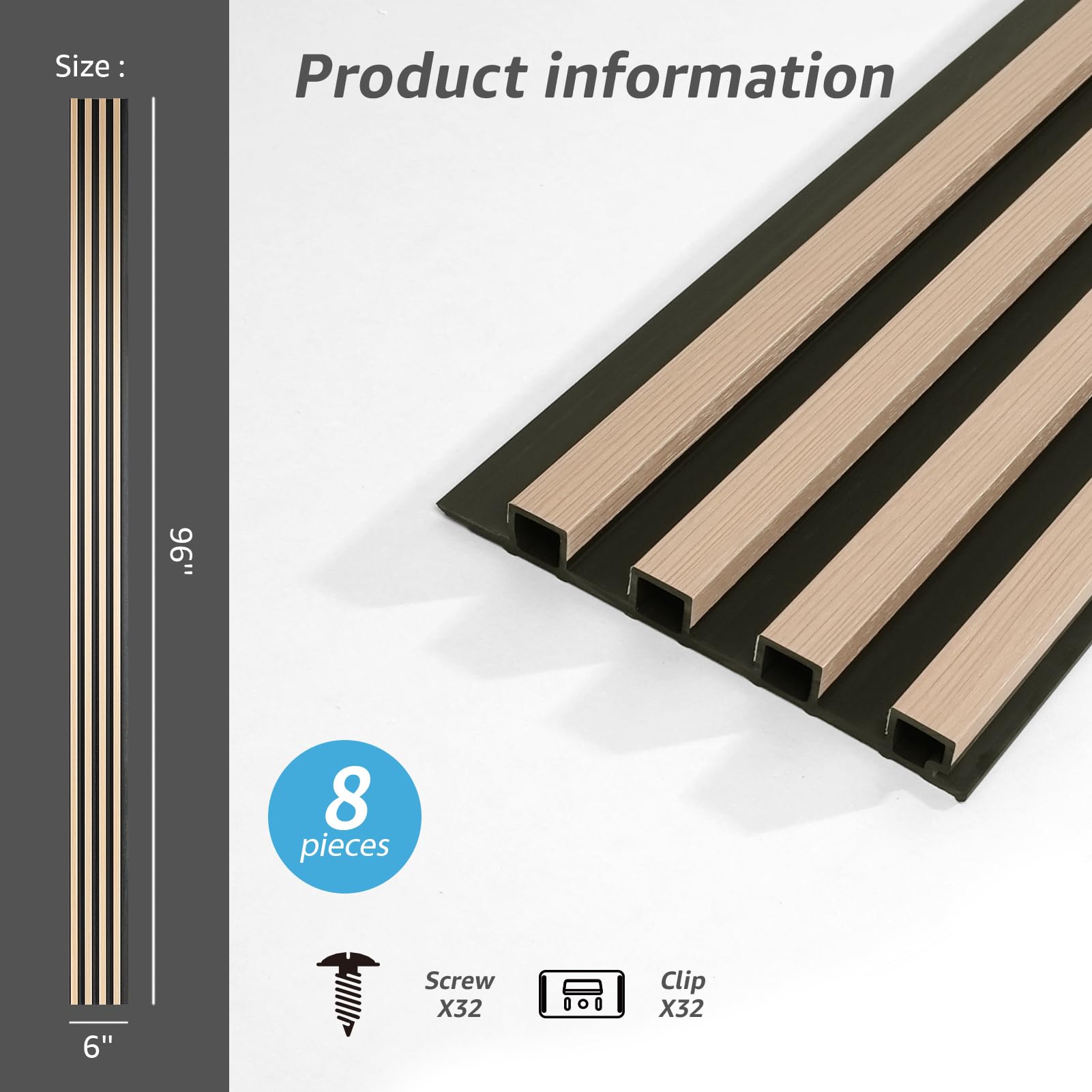 Art3d 8-Pack WPC Wood Slat Wall Panel for Interior Wall Décor, 3D Wood Fluted Acoustic Wall Paneling for Living Room Bedroom Home & Office Accent Wall Decor - 96 x 6 Inch Oak