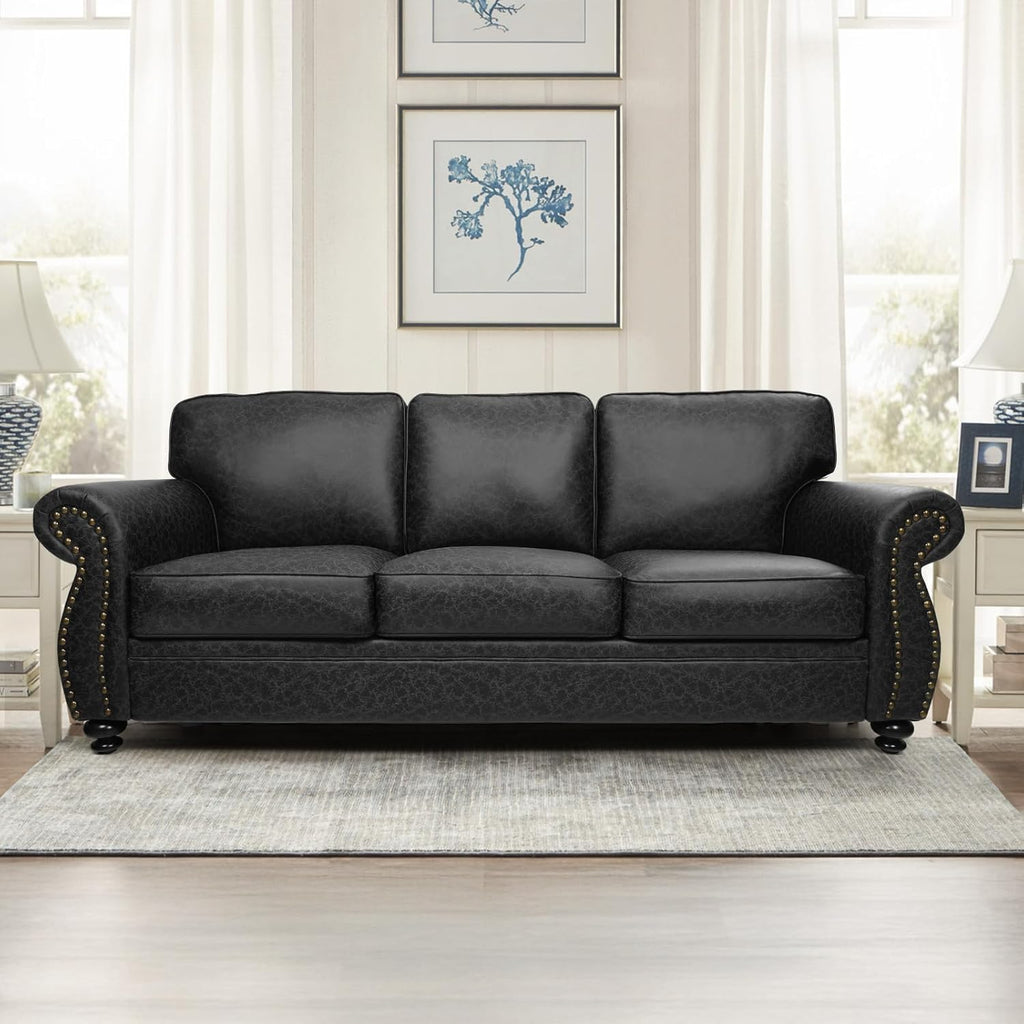 Mid-Century Vintage Sofa Couches with Rivet Design,loveseat Sofa,Removable Sofa Cover Upholstered Cushions and Solid Wood Frame (Grey, 3-Seater)