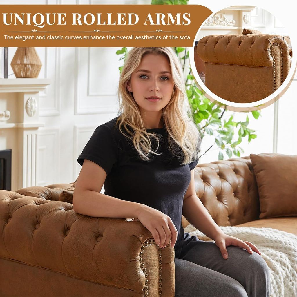 Modern Chesterfield Sofa Set for Living Room, 2 Piece Tech Fabric Furniture Sets 3 Seater Couch&Loveseat Sofa with Rolled Arms and Tufted Button, Office, Brown