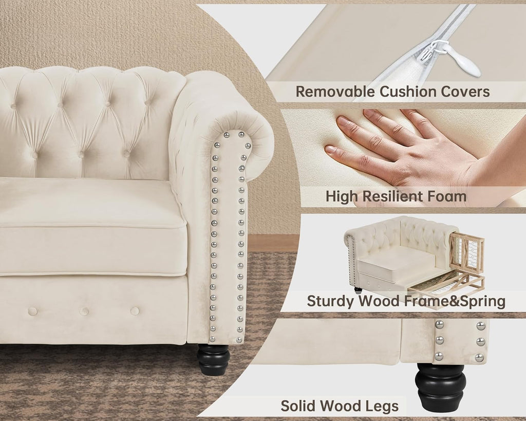 Morden Fort Classic Chesterfield Sofa Set 82'', Tufted Sofa Couch Set with Solid Wood Legs Thick Cushion, Pet-Friendly 3-Seater Sofas Couches for Living Room Bedroom Apartment - Velvet Beige