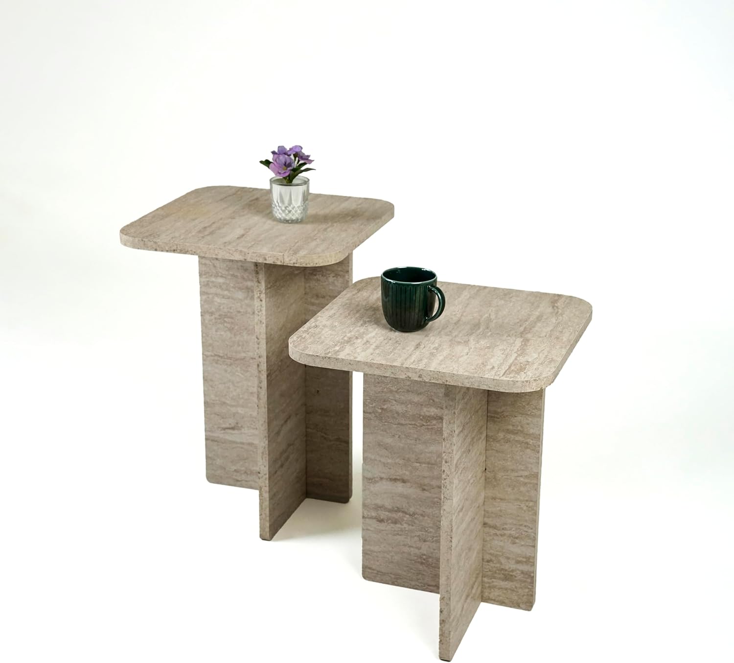 Travertine Efect Square Nesting Table Set of 2 Modern Coffee Table Small Side Table End Table for Living Room