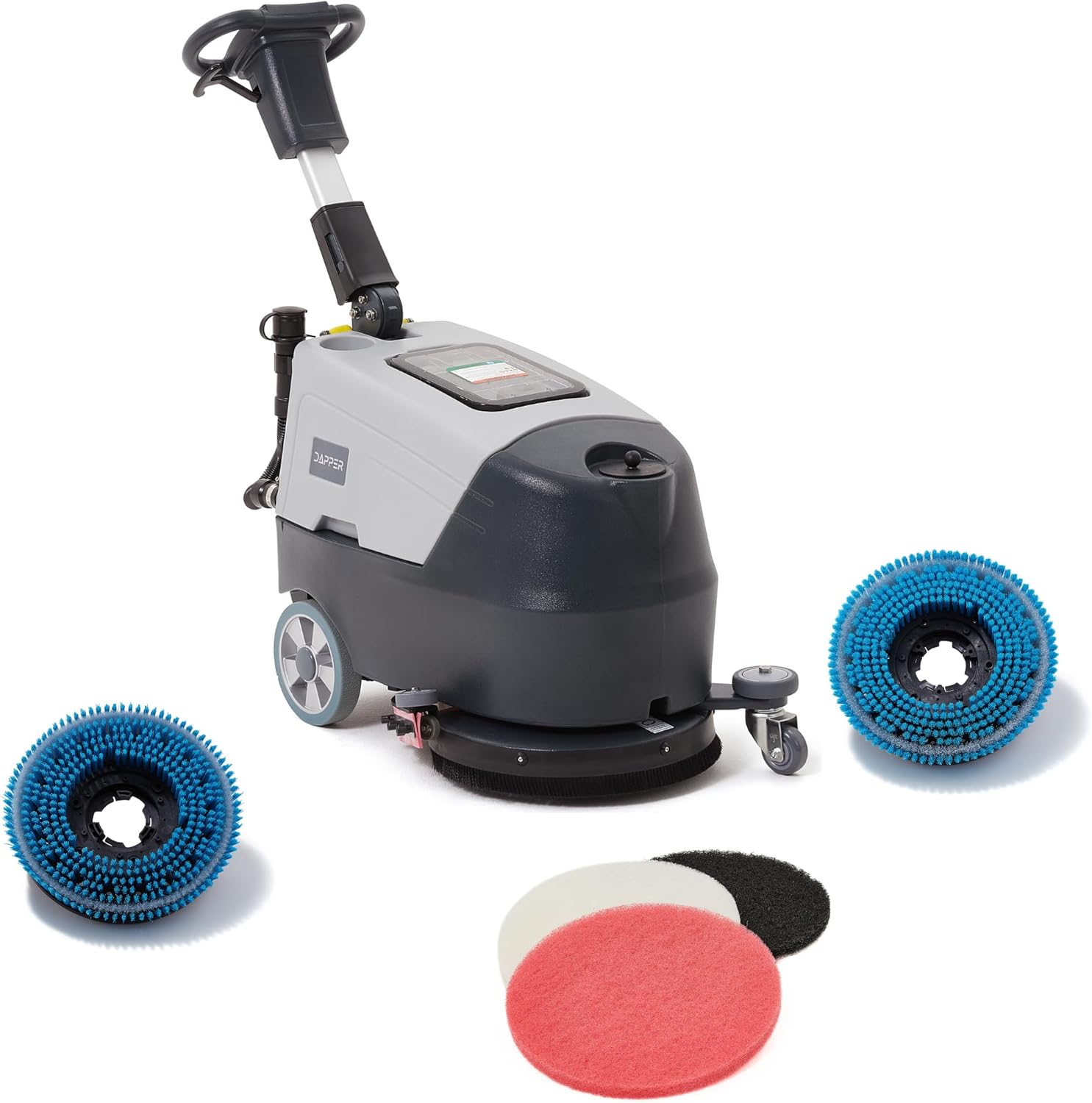 Battery Powered Walk Behind Floor and Carpet Scrubber Buffer Polisher Machine, 16" Brush, 21.5" Squeegee Width, 6.5 gal Tank, Brush Speed 200 RPM, Includes a Hard Brush Soft Brush and 3 Scouring pads