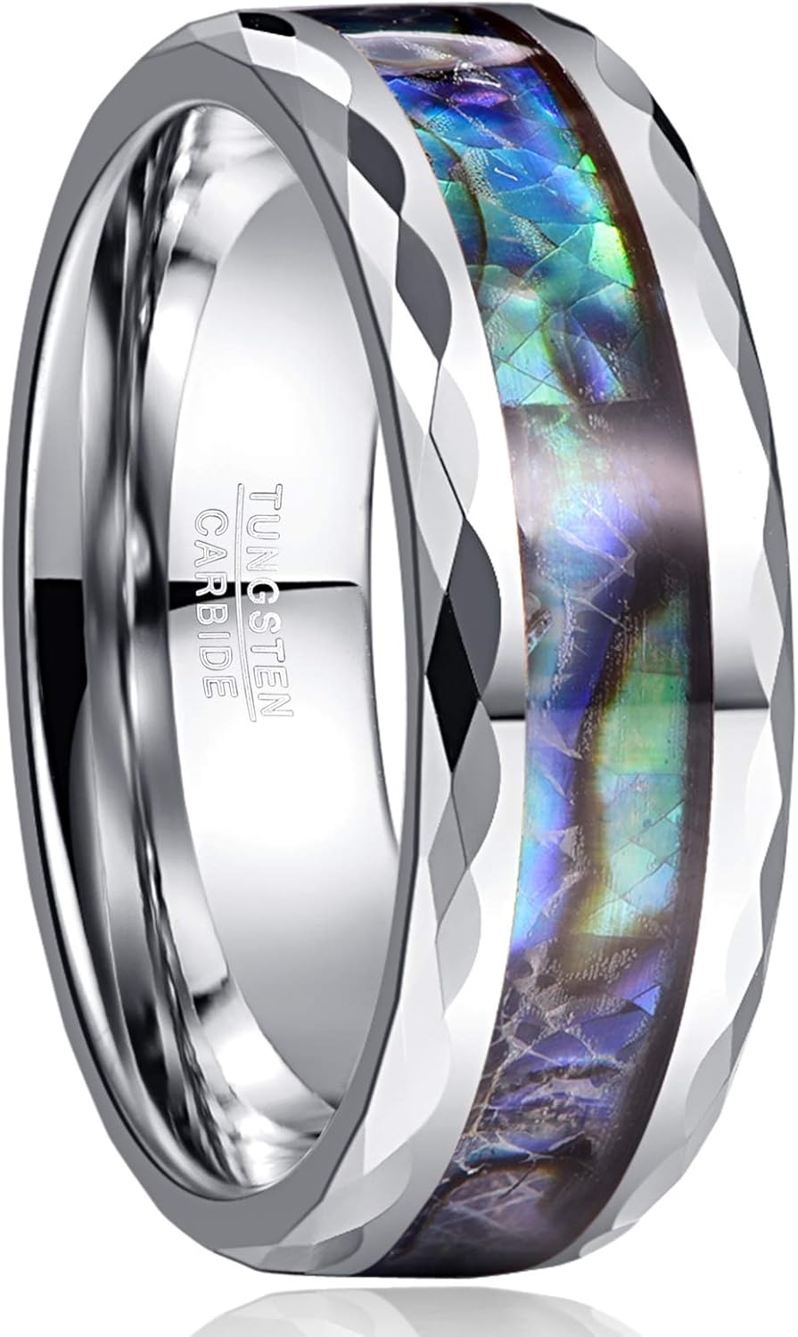 Vakki 8mm Abalone Shell Tungsten Rings for Men Women Black/Silver/Rose Gold Wedding Bands Faceted Edge Comfort Fit Size 5-14