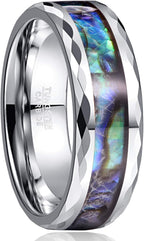 Vakki 8mm Abalone Shell Tungsten Rings for Men Women Black/Silver/Rose Gold Wedding Bands Faceted Edge Comfort Fit Size 5-14
