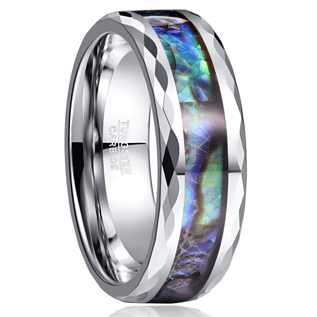 Vakki 8mm Abalone Shell Tungsten Rings for Men Women Black/Silver/Rose Gold Wedding Bands Faceted Edge Comfort Fit Size 5-14