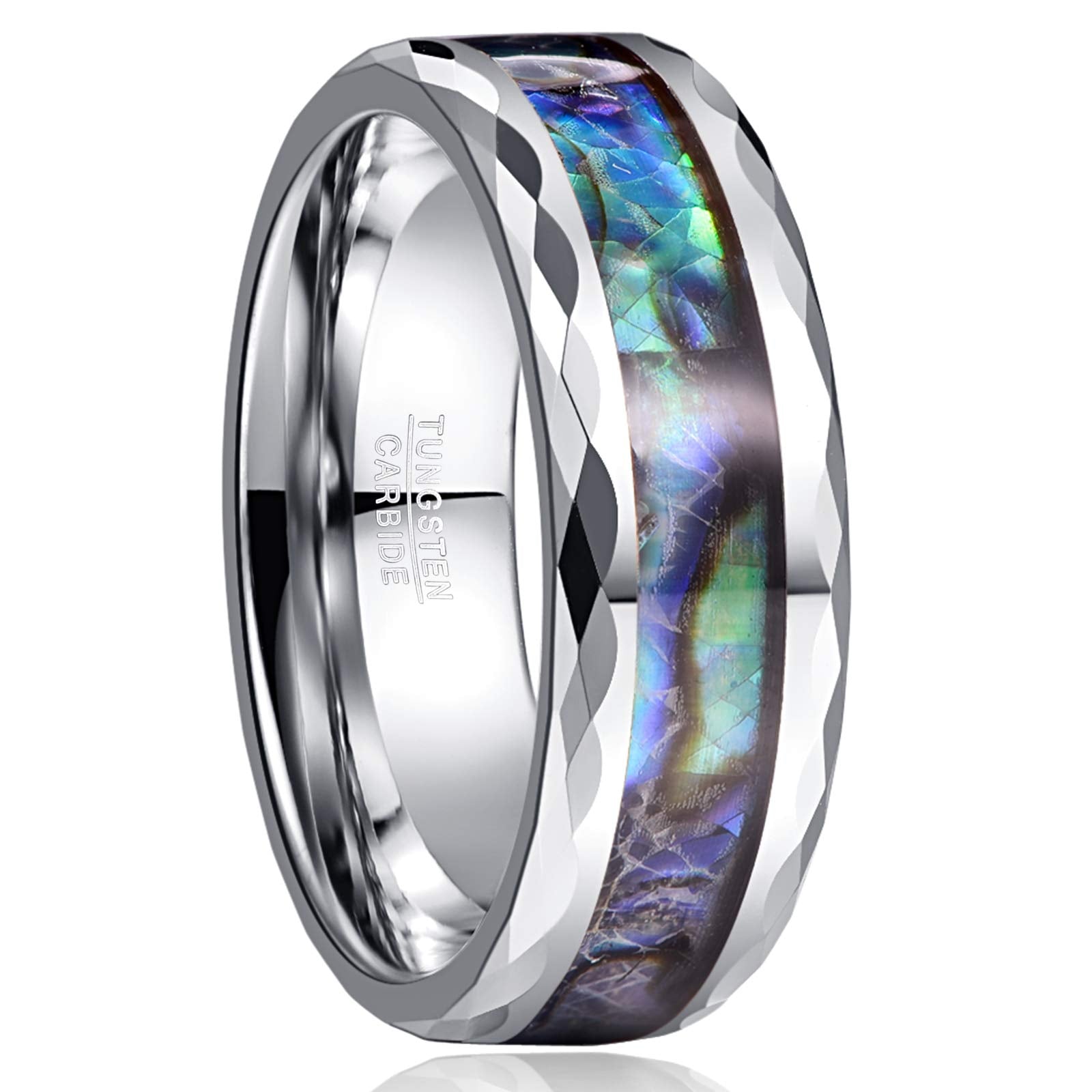 Vakki 8mm Abalone Shell Tungsten Rings for Men Women Black/Silver/Rose Gold Wedding Bands Faceted Edge Comfort Fit Size 5-14