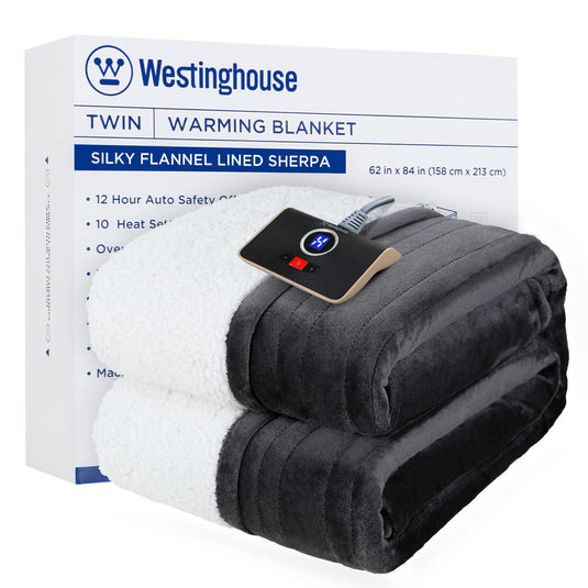 Westinghouse Heated Blanket Queen Size, Soft Flannel to Sherpa Electric Blanket with 10 Heating Levels, 12 Hours Auto Off, Fast Heating Blanket, Machine Washable, 84x90 Inch, Charcoal