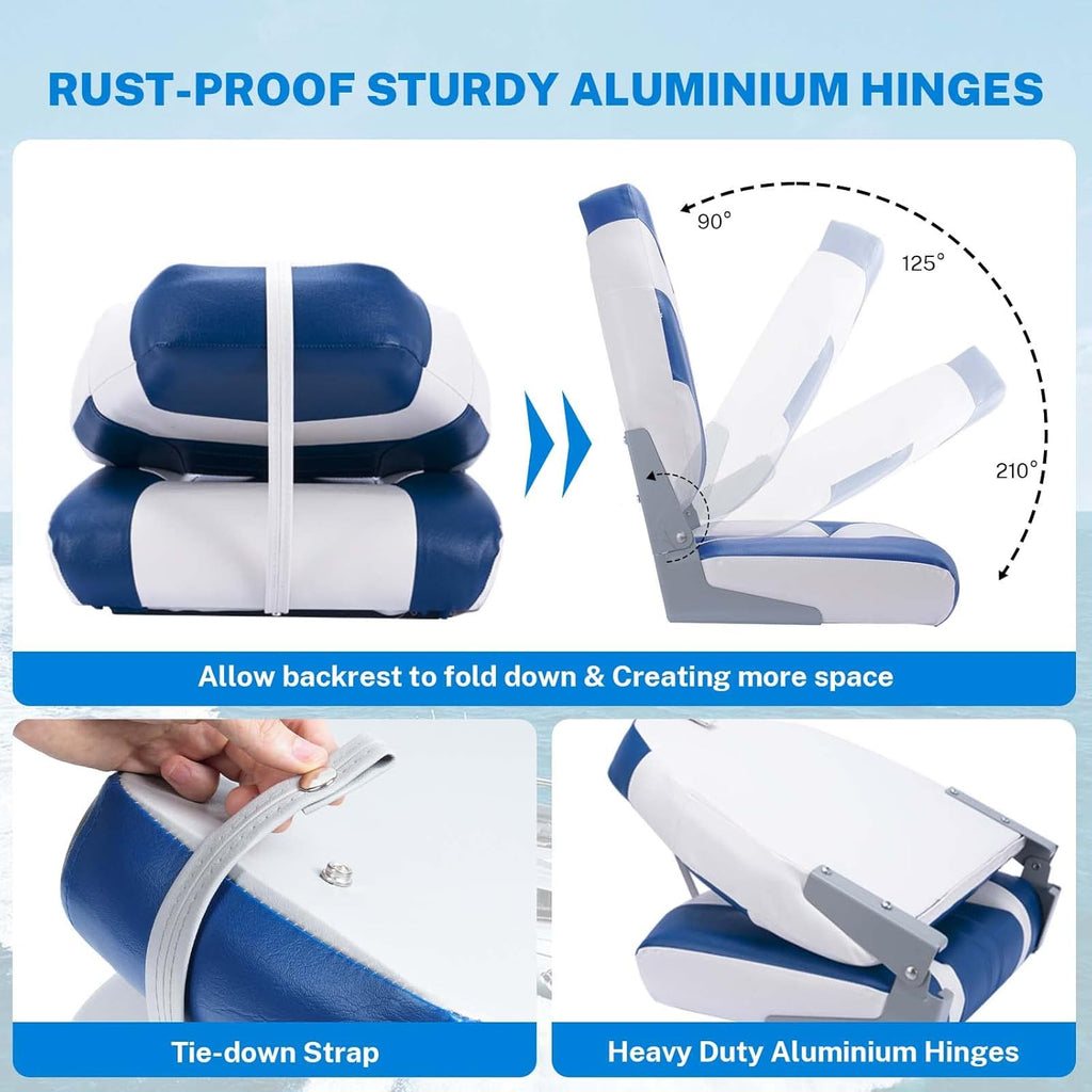 Dreizack Boat Seats 2 Packs, Folding High Back Fishing Waterproof Universal Pontoon Boat Seat Bass Tracker Boat Chairs with Stainless Steel Screws, Aluminum Hinges and Thickened Cushion