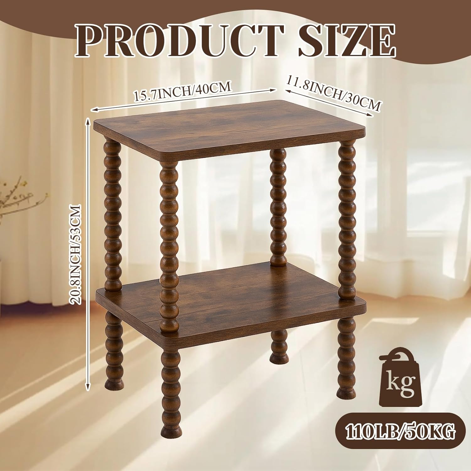 2 Tier Spindle Side Table Small Rustic Vintage Brown Bedside Nightstand Coffee End Table with Storage Shelf Nightstand for Small Spaces, Bedroom, Indoor Outdoor, Living Room, Farmhouse, Easy Assembly