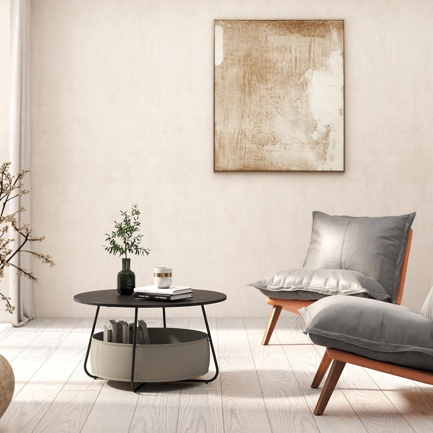 Manora Small Round Coffee Table for Living Room, Modern Center Table with Fabric Basket Storage, Cute Circle Table for Small Spaces, Metal Frame, Dark Brown and Black