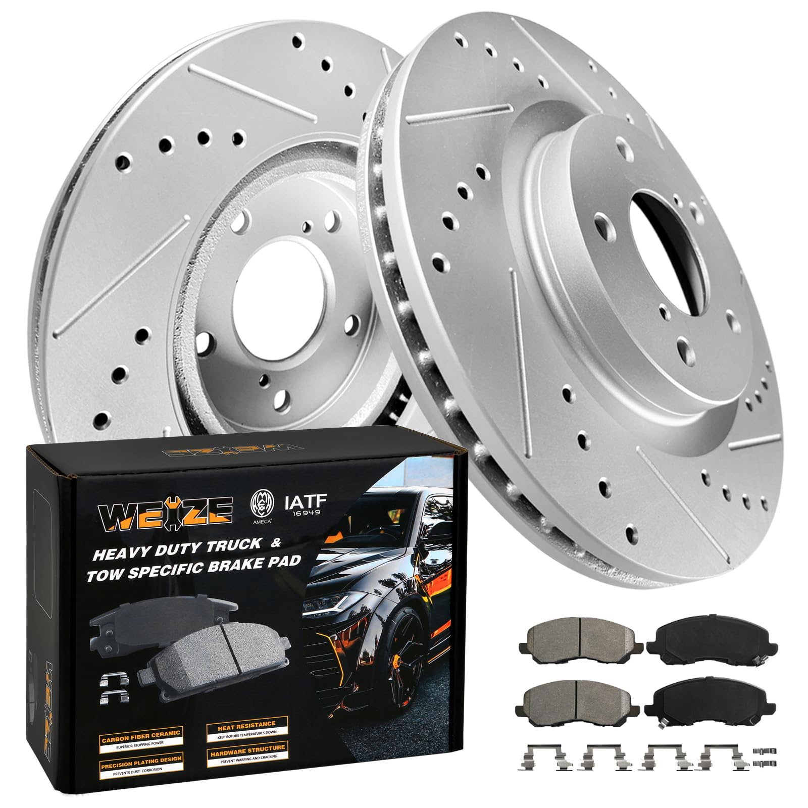 WEIZE Front +Rear Truck & Tow Brake Kit, Carbon Fiber Ceramic Brake Pads & Drilled/Slotted Brake Rotors, Fit for Dodge Ram 1500 & Classic Durango Chrysler Aspen, 5 Lug