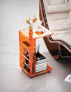 Clear Acrylic Side Table on Lockable Wheels, C Shaped End Table for Sofa, Small Coffee Tables for Small Spaces (Orange)
