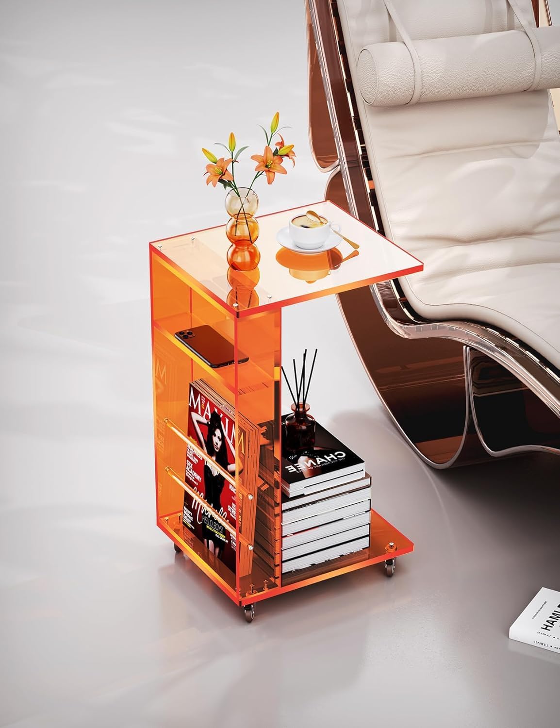 Clear Acrylic Side Table on Lockable Wheels, C Shaped End Table for Sofa, Small Coffee Tables for Small Spaces (Orange)