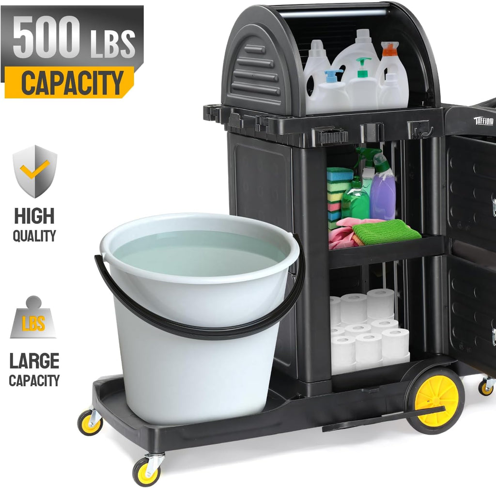 TUFFIOM Janitorial Cart with Key-Locking Cabinet, 3-Shelf Commercial Cleaning Cart with Wheels, Housekeeping Caddy with Locker, Black, Great for Hotel, Stores, Schools, and Business