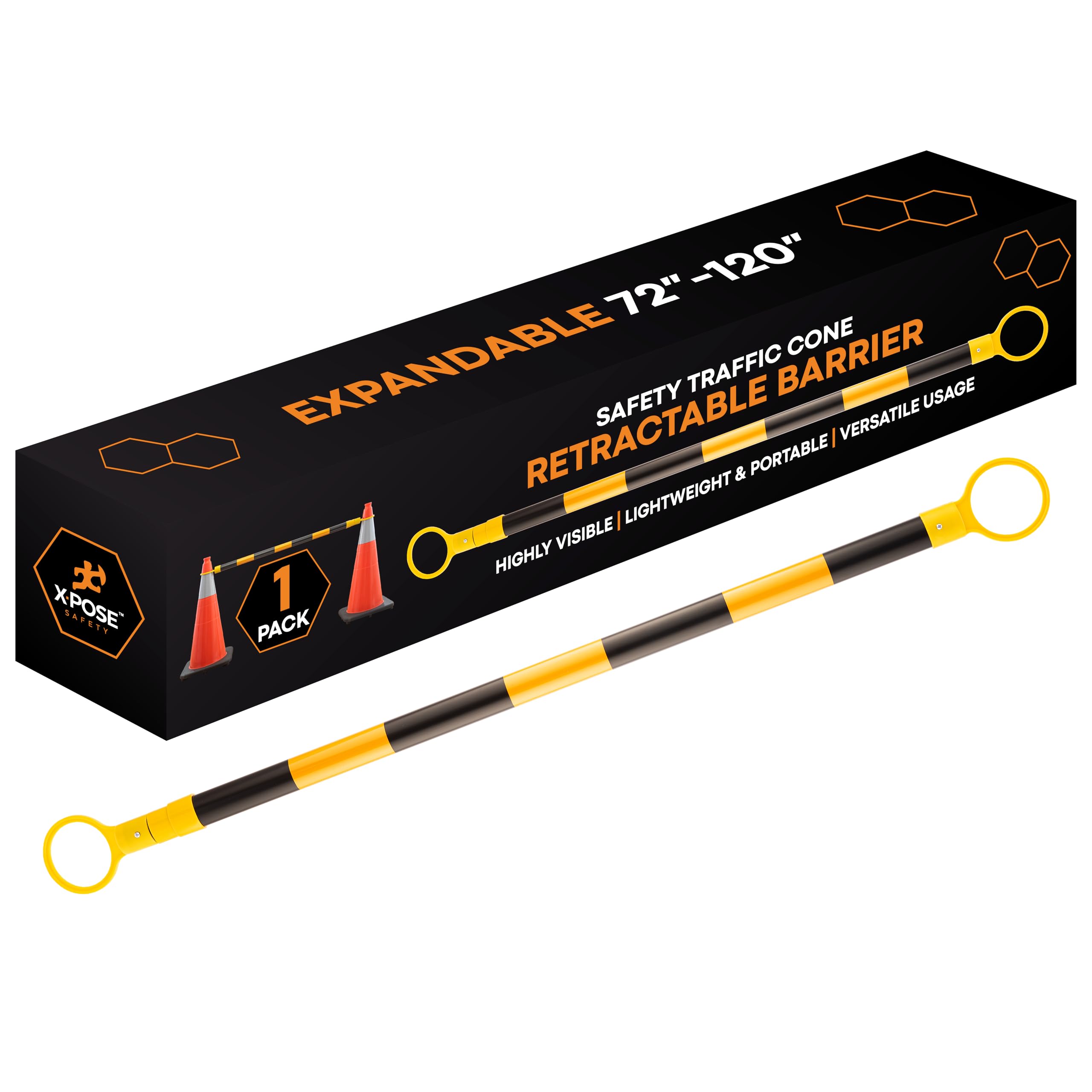 Retractable Barrier for Safety Traffic Cones - 2" OD - Large Yellow and Black Bar Barricade - for Road Construction, Parking, Warning, Temporary Security Divider (40, Orange & White, 72" x 120")