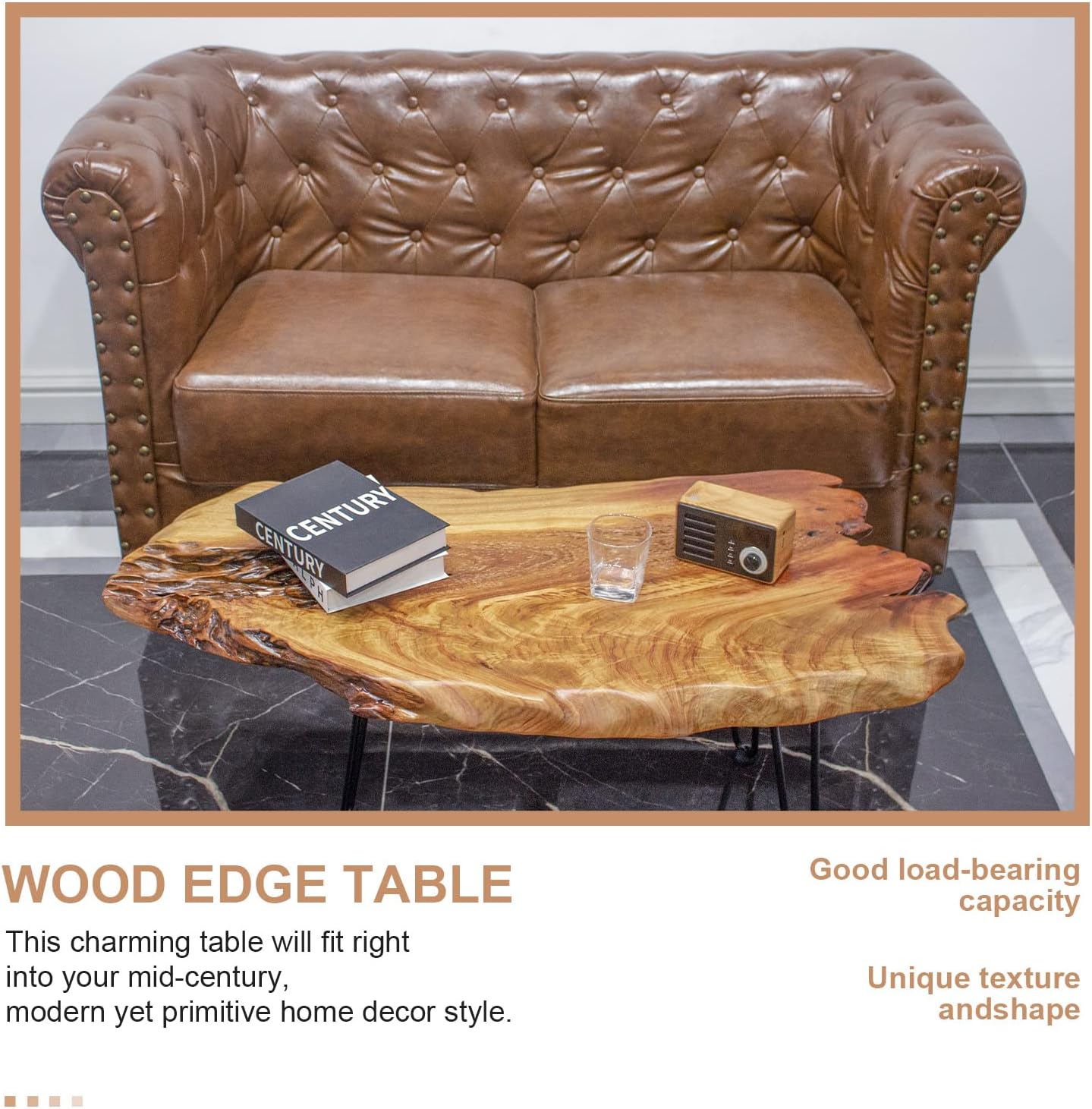 Handcrafted Edge Coffee Table | Natural Wood with Unique Organic Shape | Metal Hairpin Legs for Living Room, Side Table & Boho Decor