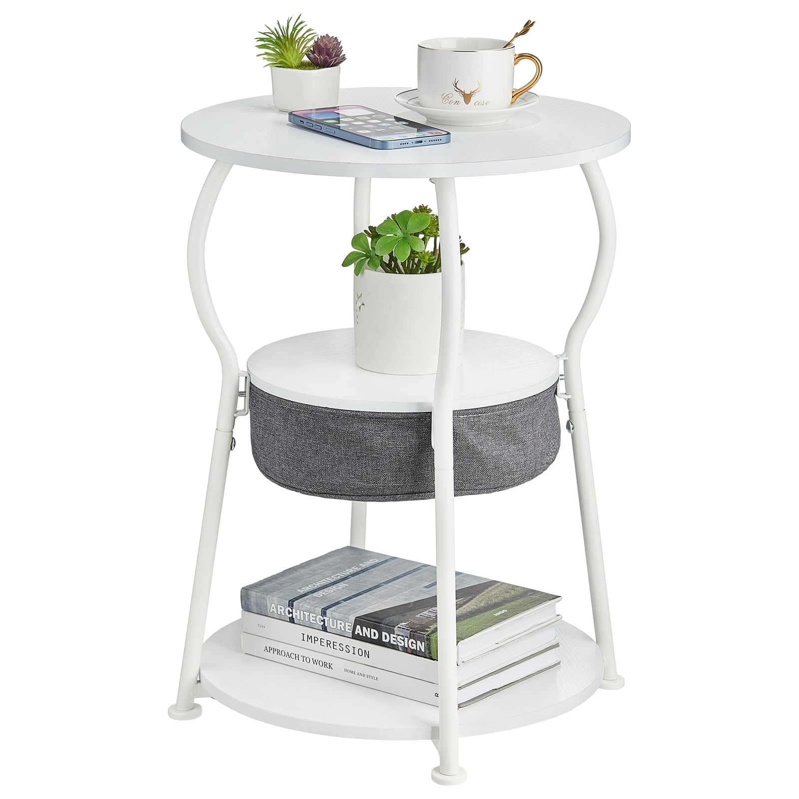 Small Round Side Table with Storage Bag, 3-Tier Accent Round End Table with Four Storage Functions for Living Room, 21.6" H Vintage Smalls Corner Table for Small Spaces Nightstand Bedroom