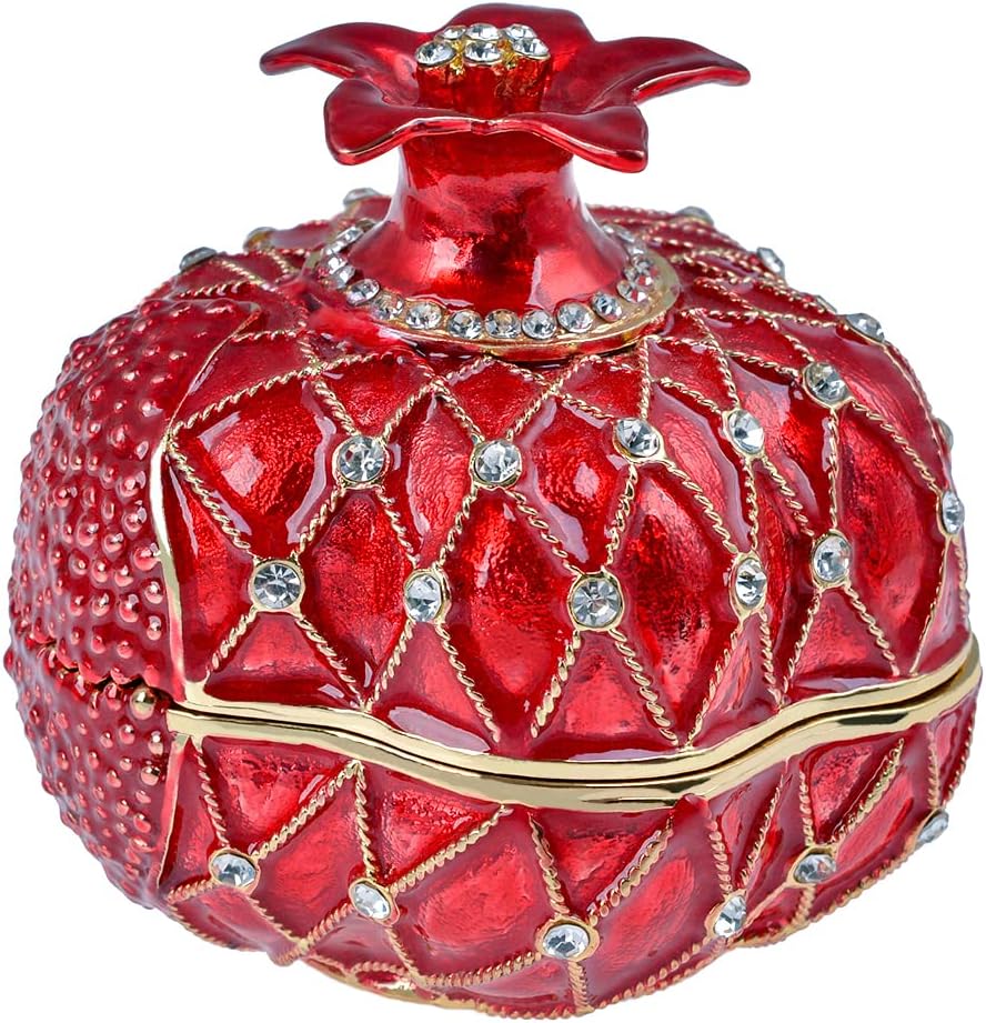 Trinket Box Pomegranate Fruit Gold Plated Crystal Enameled Jewelry Holder Small Home Decor Gifts for Women, Men