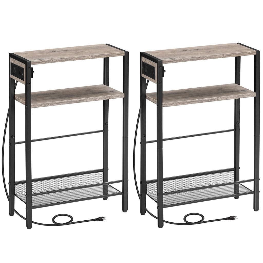 HOOBRO Small Narrow Side Table with Charging Station, Skinny End Table for Small Spaces, Slim Nightstand with USB Ports Outlet, Sofa Beside Table with Storage Shelf, Rustic Brown and Black BF102UBZ01